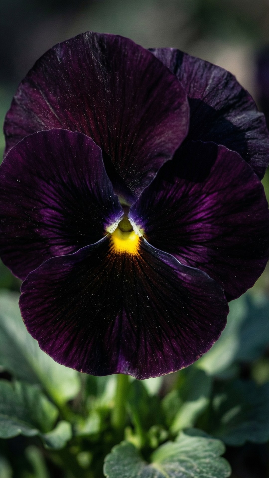 Black Velvet Pansy 壁紙 — 近距離拍攝深紫色三色堇，帶有鮮黃色花心，背景是模糊的綠色葉子。