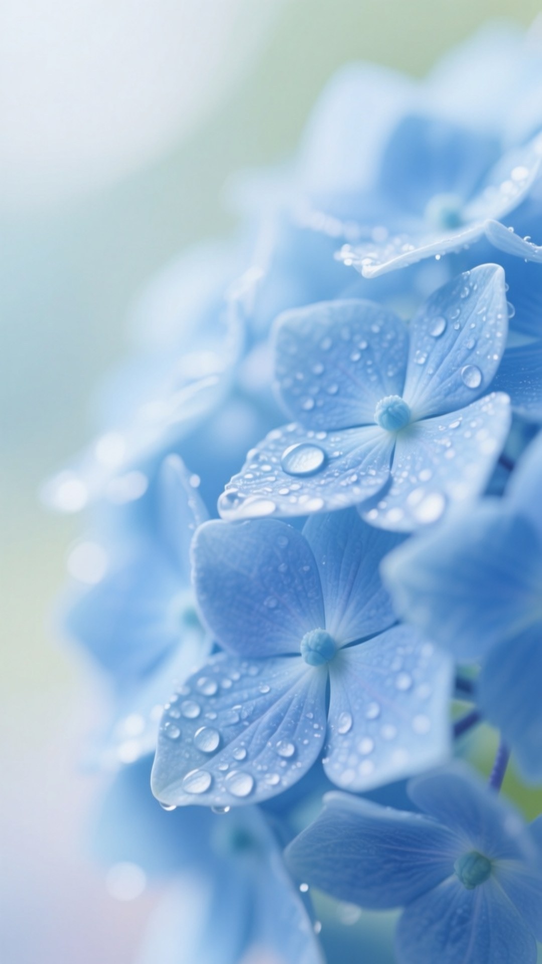 Periwinkle Hydrangea Dew 壁紙 — 精緻藍色繡球花瓣的特寫，在柔和模糊的背景上閃爍著露珠。