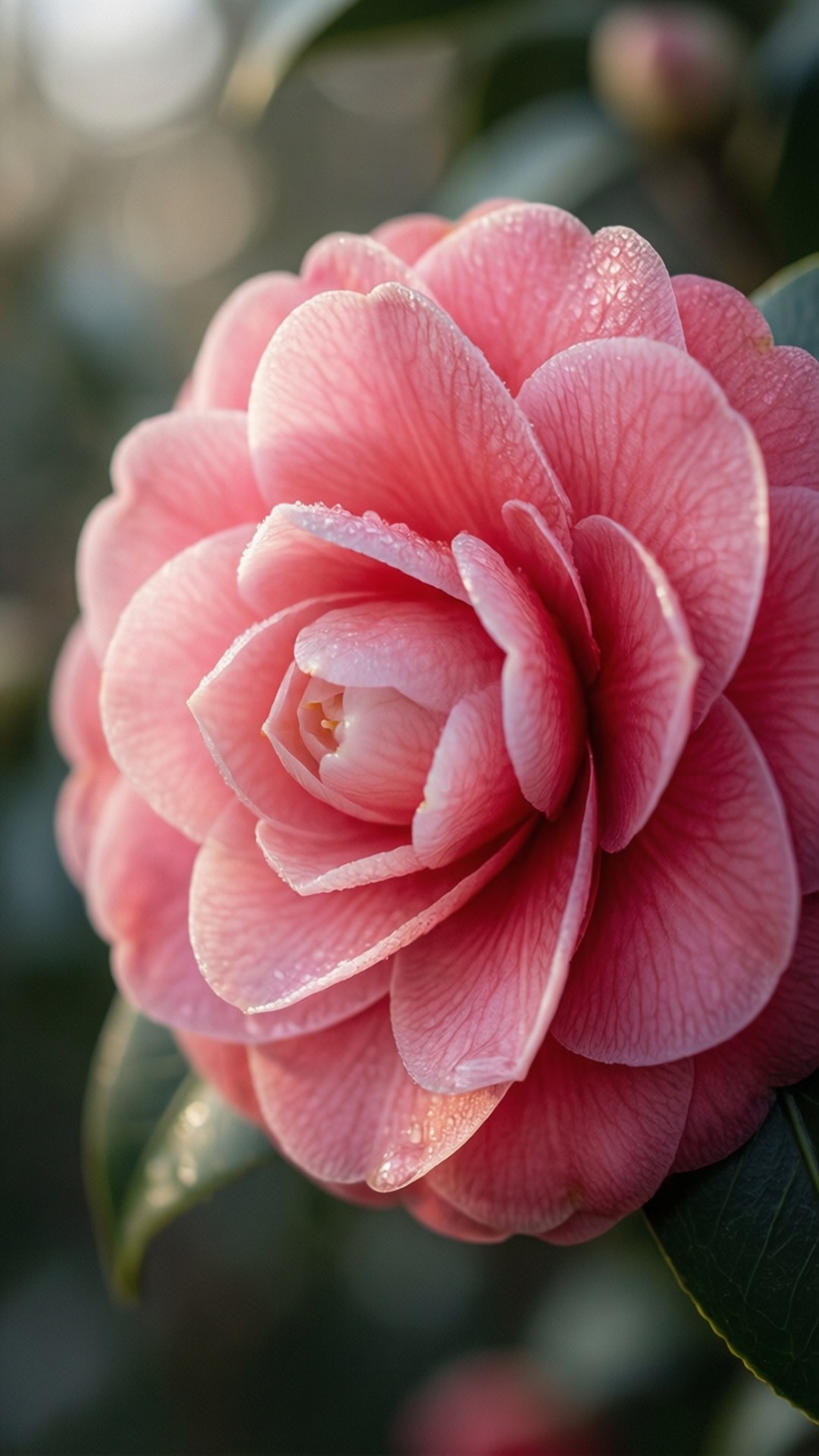 Morning Dew Camellia Sasanqua 壁紙 — 一朵嬌嫩的粉紅色山茶花特寫，露珠在其層層疊疊的花瓣上閃閃發光，背景是柔和模糊的綠色。