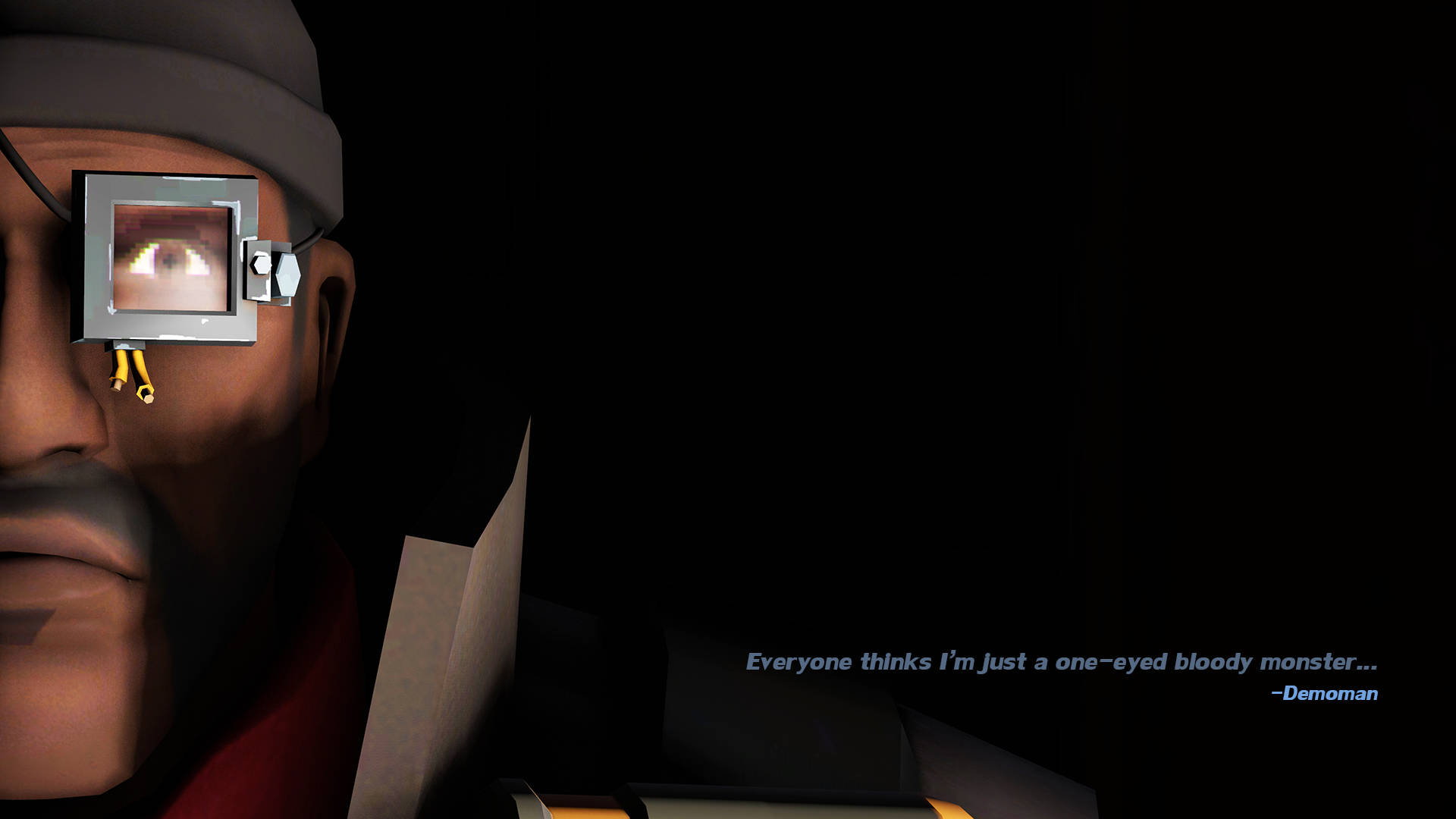 tf2 4K 桌布 壁紙 — Team Fortress 2 中 Demoman 的特寫，眼睛為電視螢幕，在黑暗背景上顯示發光的眼球。
