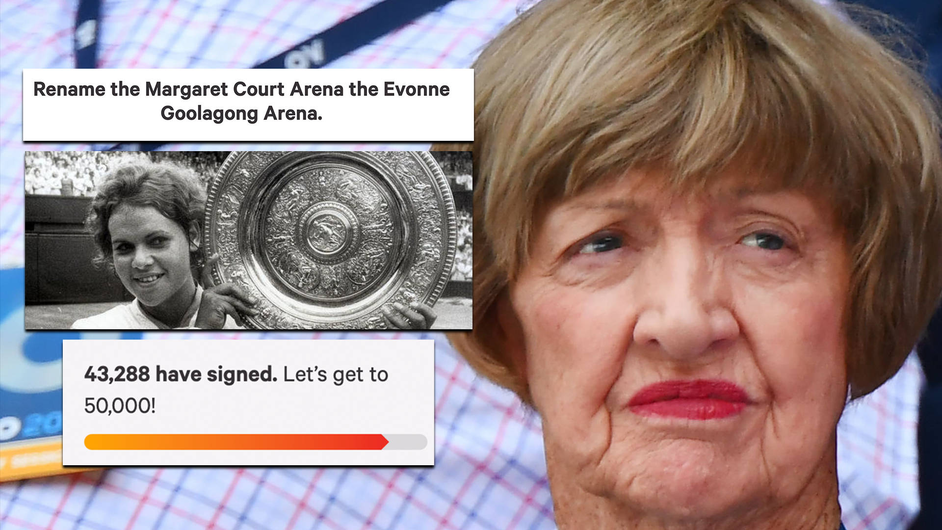 運動 桌布 壁紙 — Evonne Goolagong 的特寫，上面有請願書，要求將一個網球場改名為她的名字。