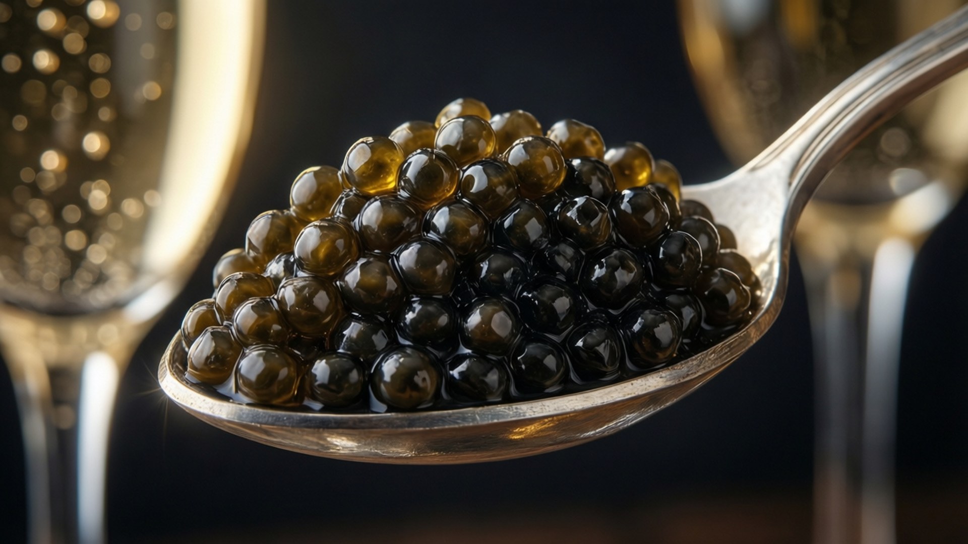 Caviar Pearl Spoon 壁紙 — 銀匙上閃閃發光的黑魚子醬特寫，背景是模糊的香檳杯。