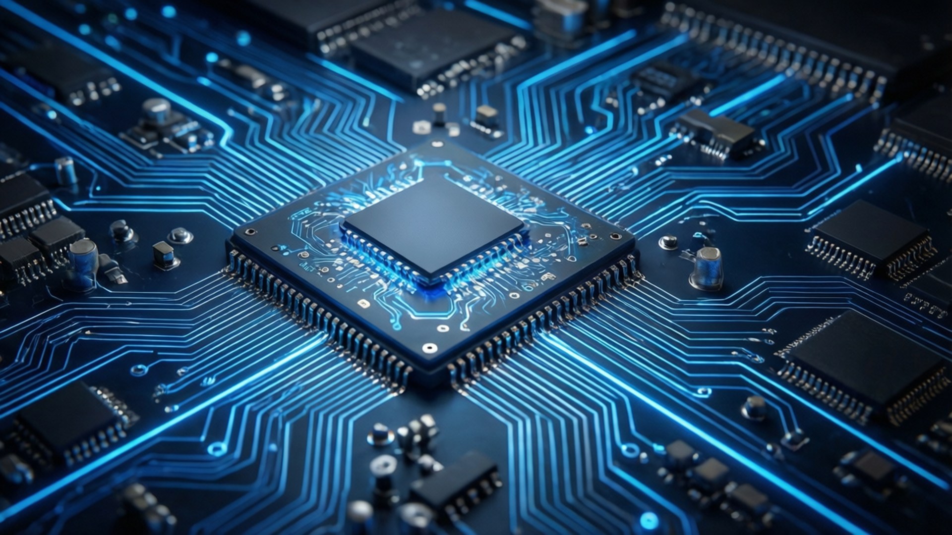 Cyber Circuit Board 壁紙 — 一塊發光藍色電路板的特寫，中央處理器晶片周圍環繞著複雜的路徑和電子元件。