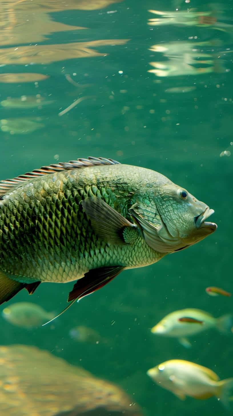  壁紙 — 一條略帶綠色的魚在清澈的藍綠色水面附近游泳，陽光穿透水面的特寫。