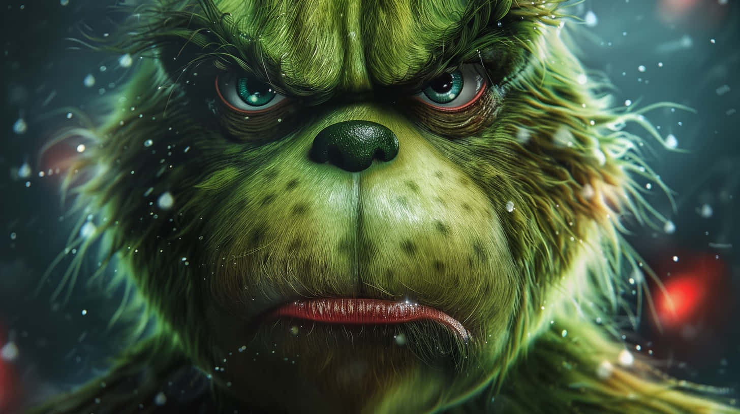  壁紙 — 聖誕怪傑 Grinch 的綠色暴躁面孔特寫，雪花在他周圍飄落，背景是黑暗的節日場景。