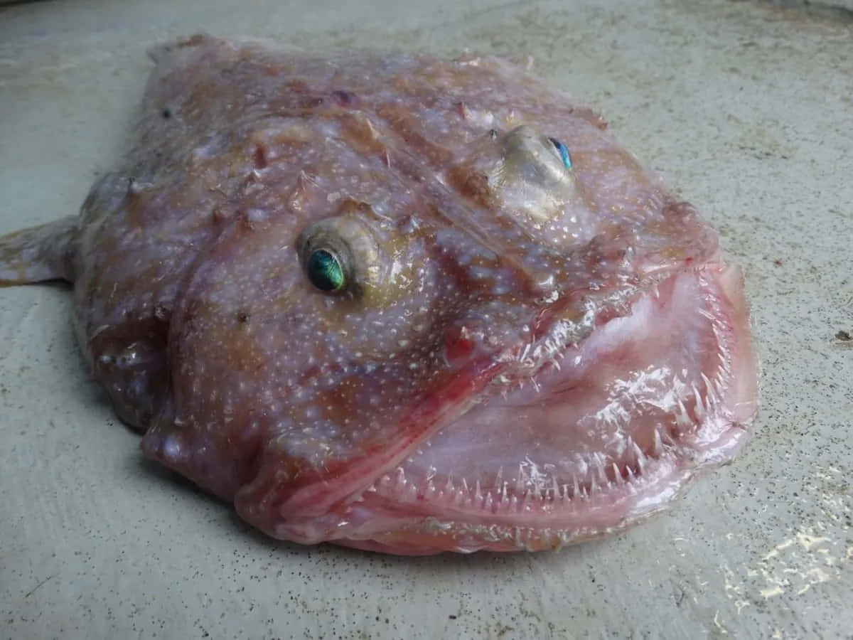 壁紙 — 一條怪異的粉紅色魚，有凸出的綠色眼睛和鋸齒狀牙齒，躺在斑點表面的特寫。