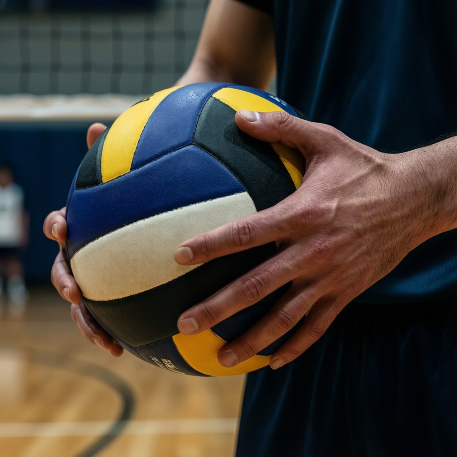 Hands on the Ball 壁紙 — 特寫雙手緊握藍黃黑色排球，背景為木地板球場及球網。