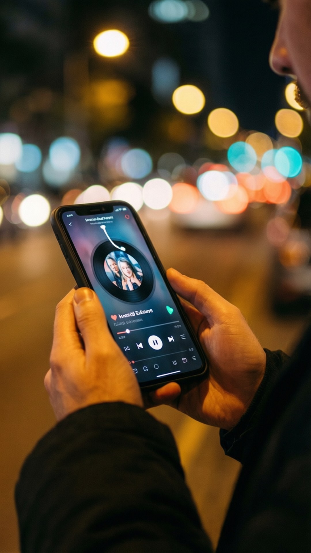 Music App at Night 壁紙 — 手持智慧型手機播放音樂的特寫，背景是模糊的城市夜景，帶有發光的散景燈光。
