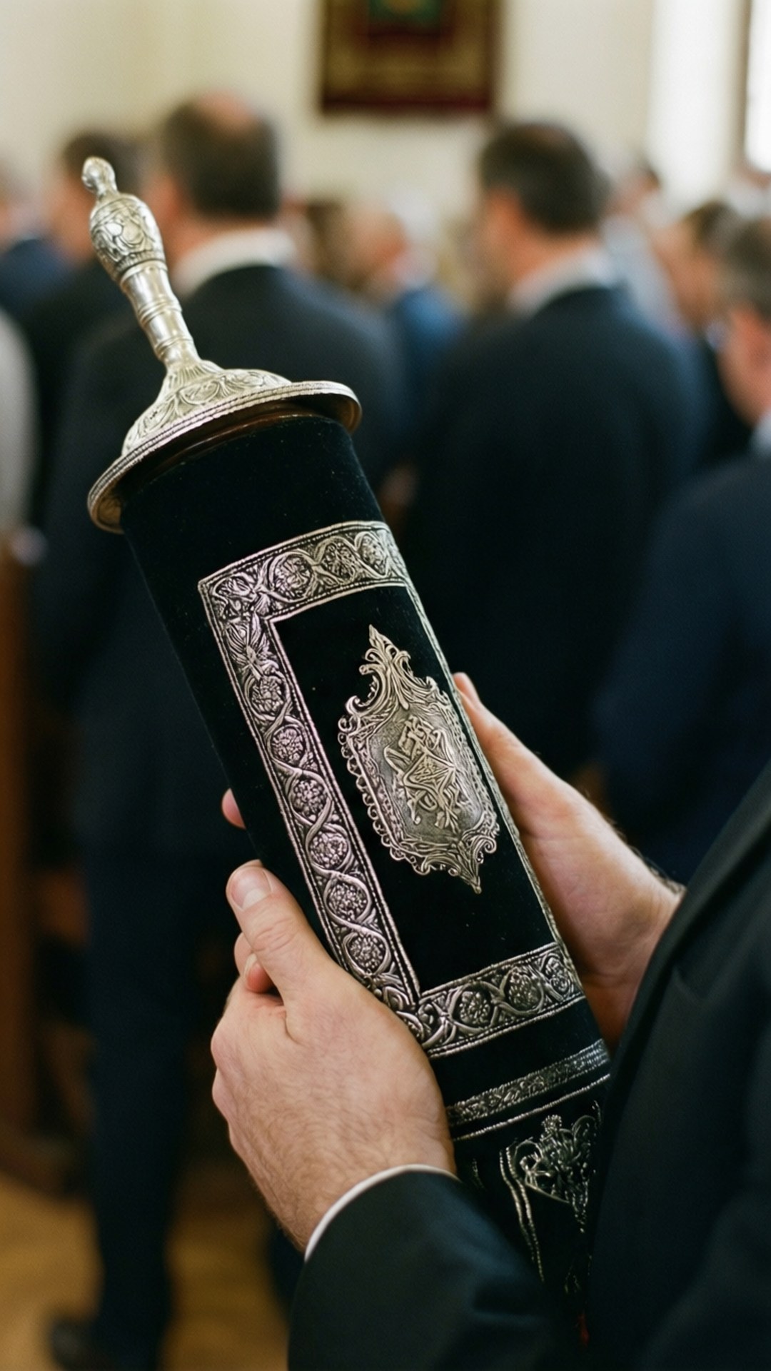 Simchat Torah 桌布 壁紙 — 特寫鏡頭，雙手在猶太會堂中握著一個華麗的銀黑色妥拉卷軸，背景是模糊的會眾。