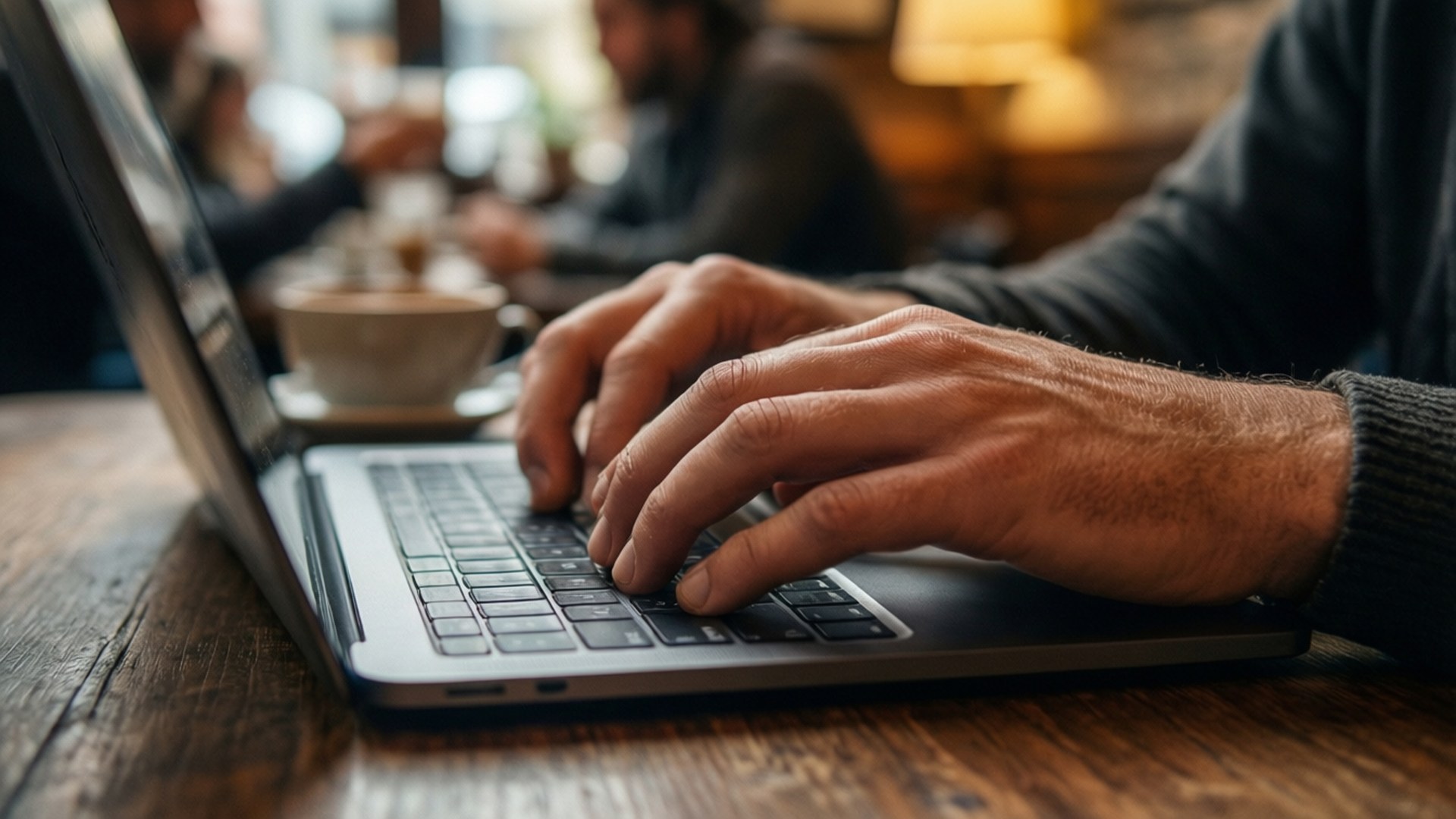 Coding in Coffee Shop 壁紙 — 特寫鏡頭，雙手在舒適咖啡館的質樸木桌上，於銀色筆記型電腦鍵盤上打字。