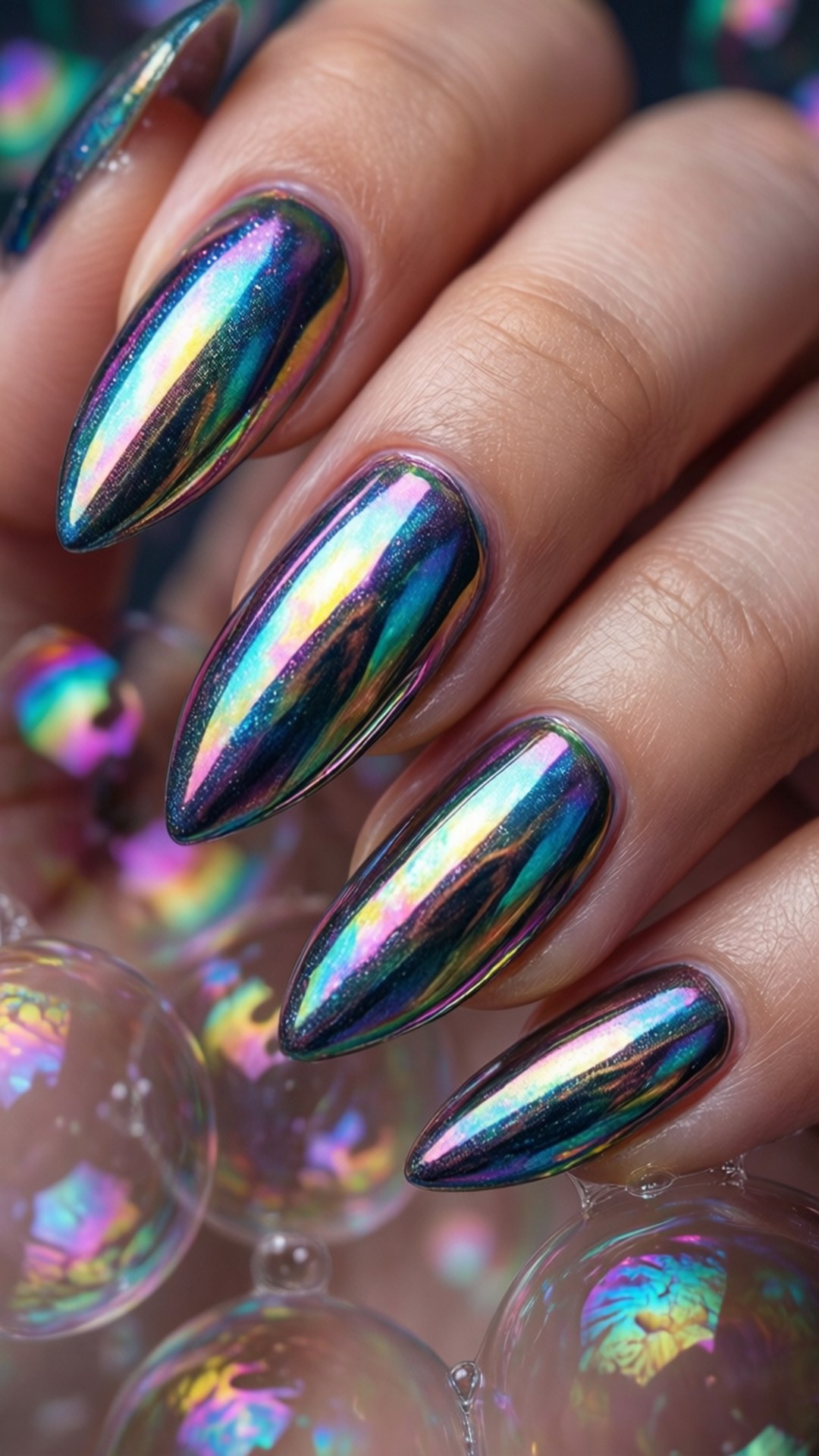 Holographic Chrome Coffin 壁紙 — 手部特寫，帶有虹彩全息指甲，在閃爍的肥皂泡上反射彩虹色調。
