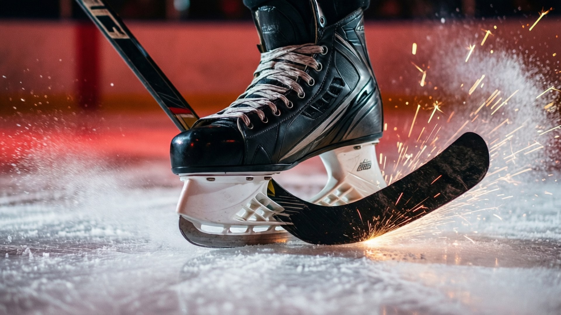 Blade on Ice 壁紙 — 冰球溜冰鞋刀片磨擦冰面，在慢動作中飛出明亮火花的特寫。