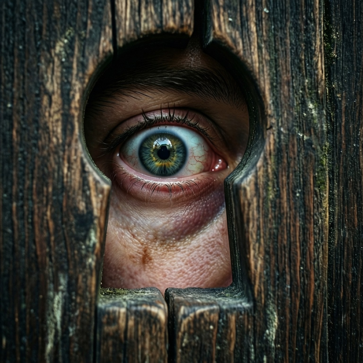 Keyhole Peek of Terror 壁紙 — 人類眼睛的特寫，虹膜呈綠藍色，透過一個風化的木製鑰匙孔窺視。