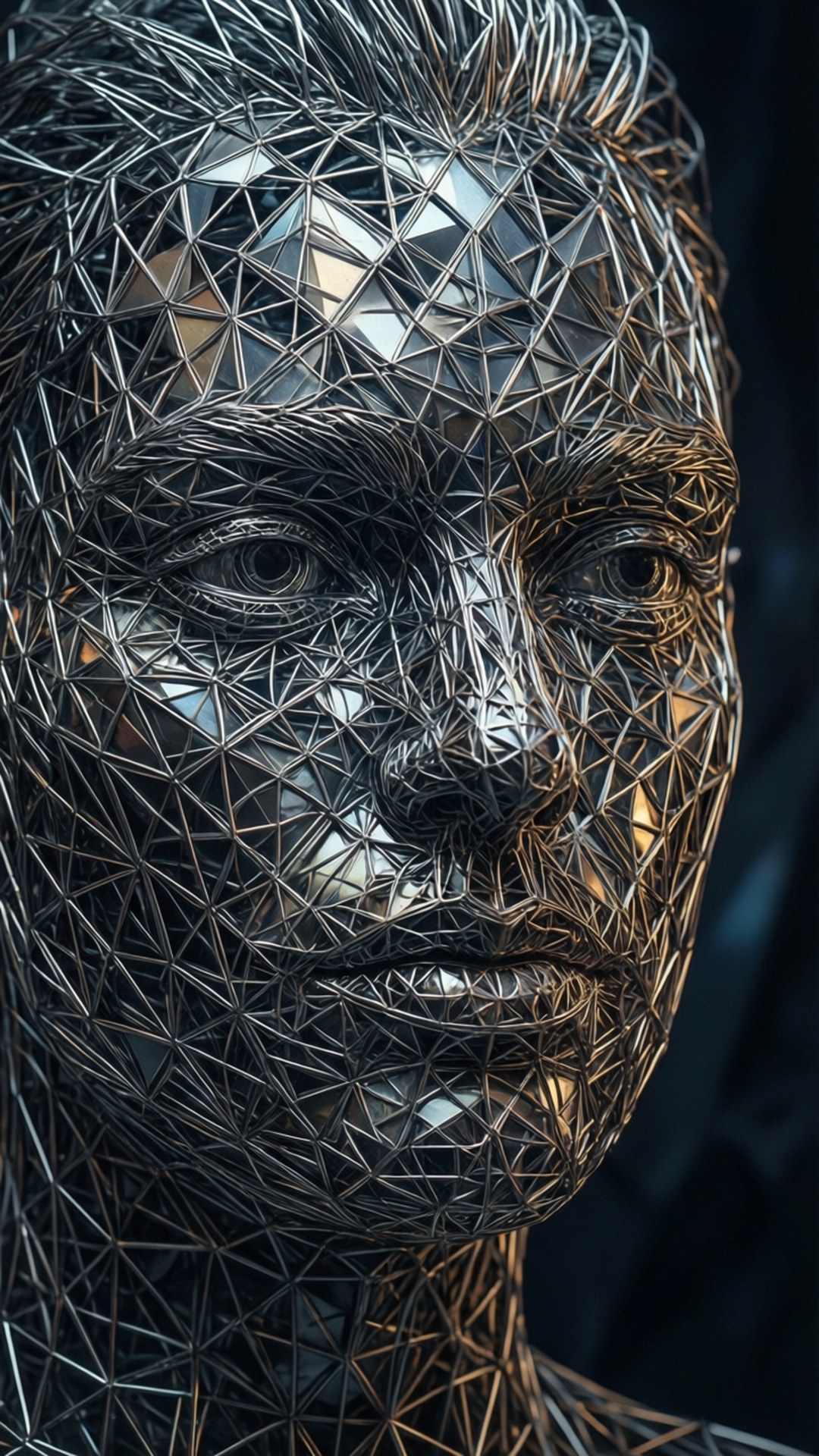 Wire Mesh Portrait 壁紙 — 一個由複雜金屬絲網雕刻而成的人臉特寫，帶有反射性三角形切面。