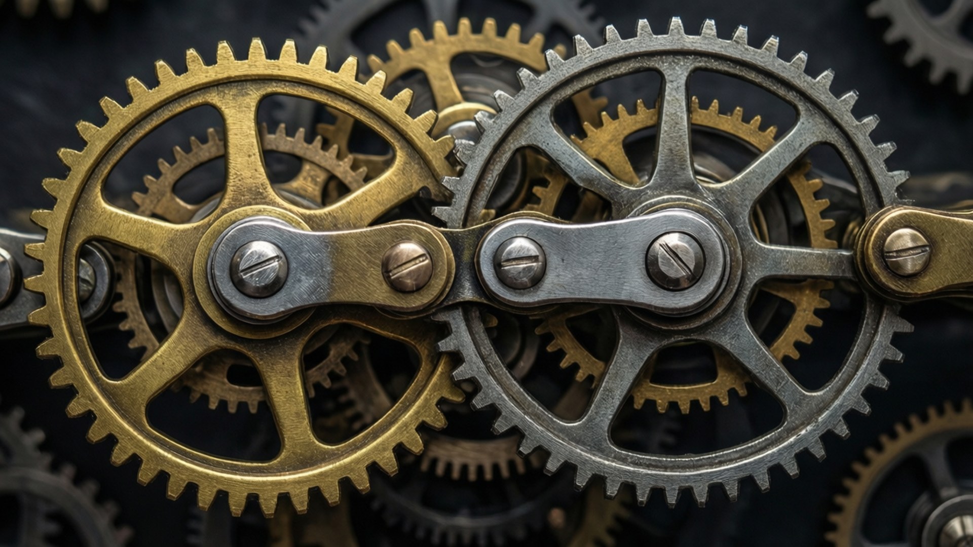 Interlocked Gears 壁紙 — 特寫黃銅和銀色齒輪相互嚙合，帶有可見螺絲和齒牙，背景為深色。