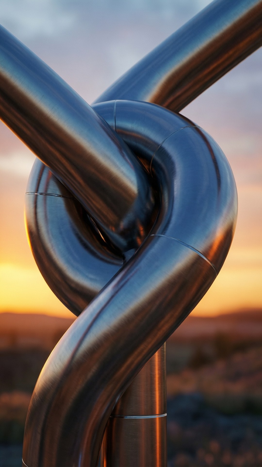 Steel Pipe Knot 壁紙 — 特寫鏡頭：不鏽鋼拉絲管交織成結，襯托溫暖的夕陽天空。