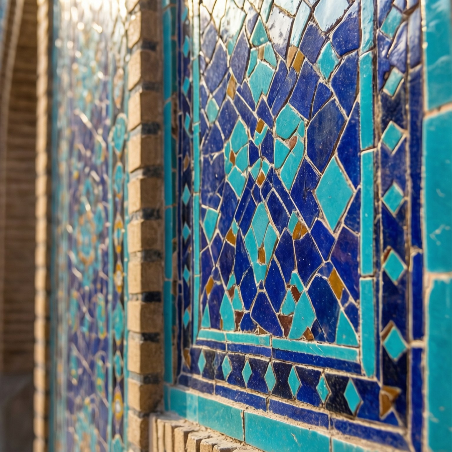 Wazir Khan Tiles Detail 壁紙 — 歷史建築物外牆上精緻的藍色和綠松石馬賽克瓷磚近距離特寫，帶有金色點綴，形成幾何圖案。