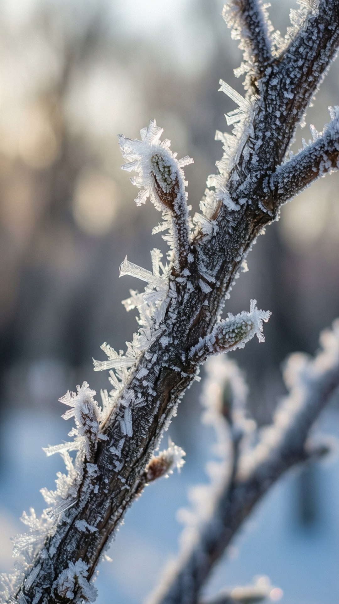 Frosty Branches 壁紙 — 特寫複雜的霜晶依附在光禿禿的樹枝上，背景是柔和模糊的冬日景色。