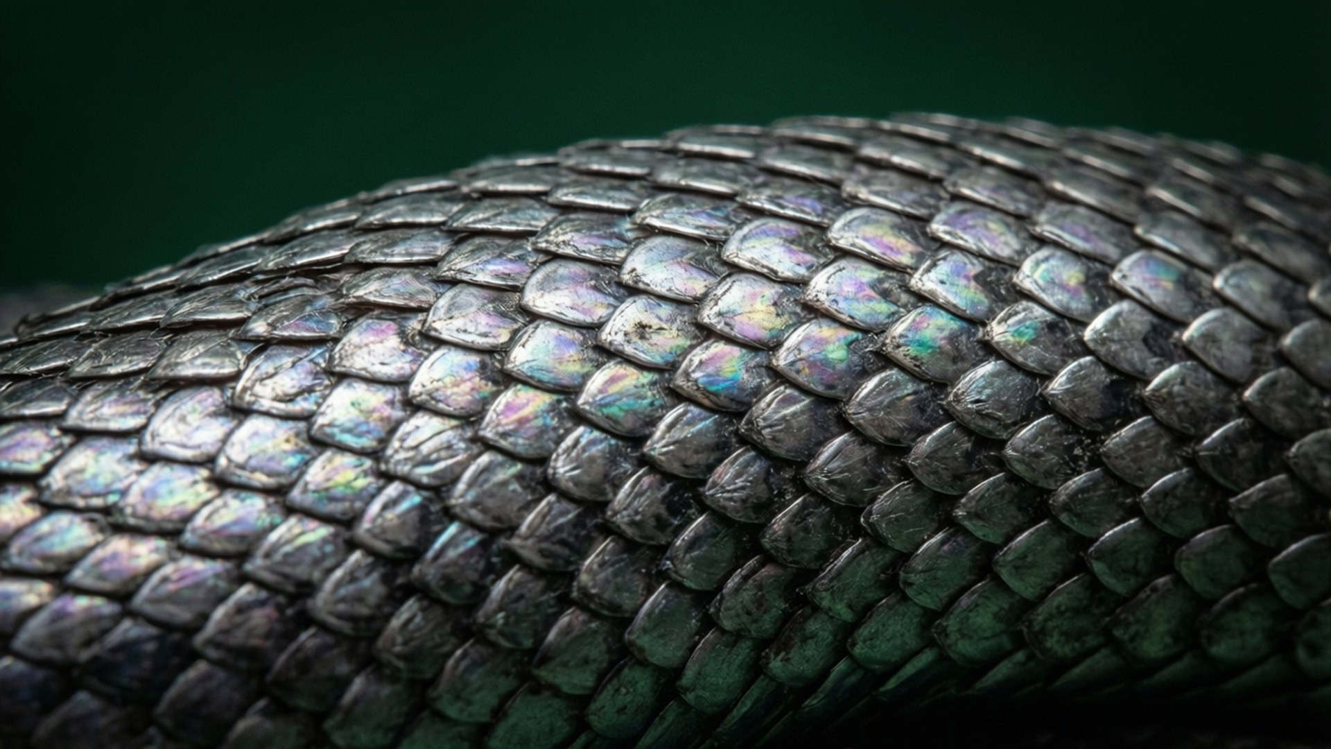 Silver Snake Scales Macro 壁紙 — 蛇身上虹彩銀色鱗片的特寫，背景為深綠色。