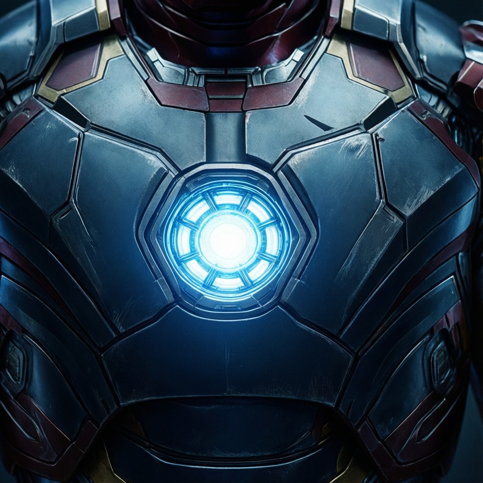 Arc Reactor Chest Piece 壁紙 — 鋼鐵人胸部裝甲的特寫，中央有脈動的藍色弧形反應堆。
