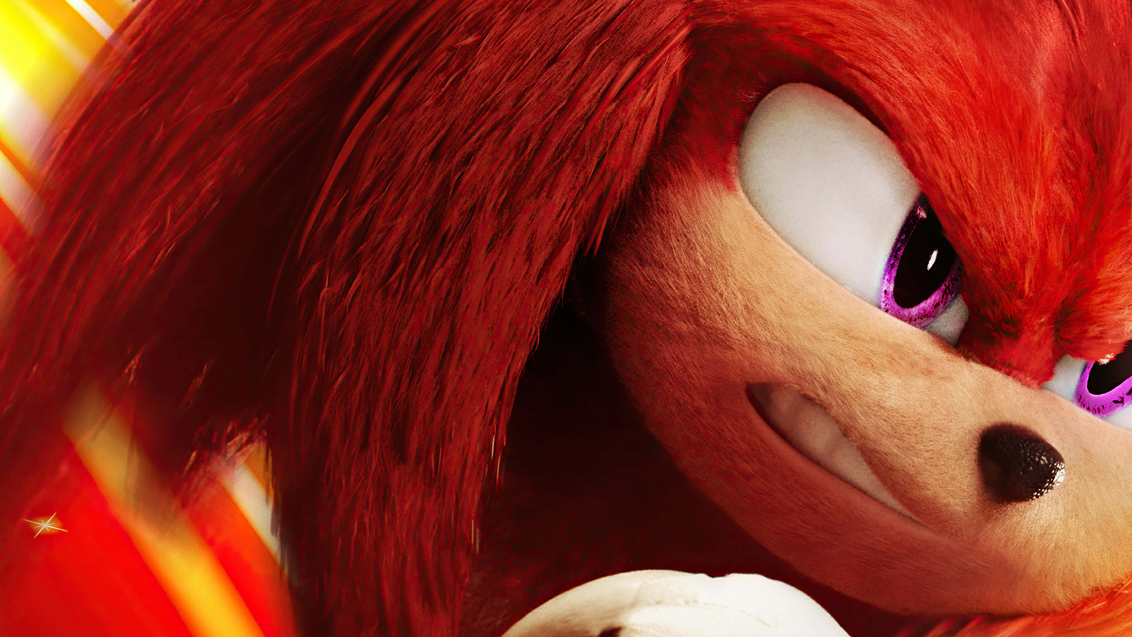Knuckles 桌布 壁紙 — Knuckles the Echidna 的特寫，帶有強烈的紫色眼睛和火紅的刺，背景為帶條紋的橙色。