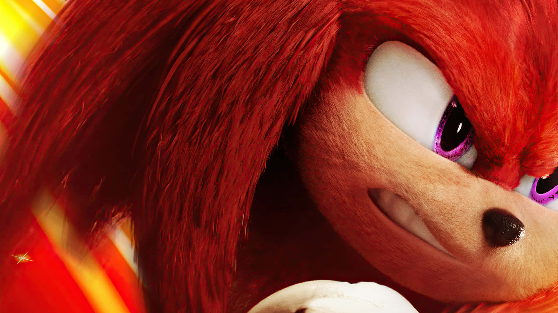 Knuckles 桌布 壁紙 — Knuckles the Echidna 的特寫，有強烈的紫色眼睛和火紅的刺，背景是橙色條紋。