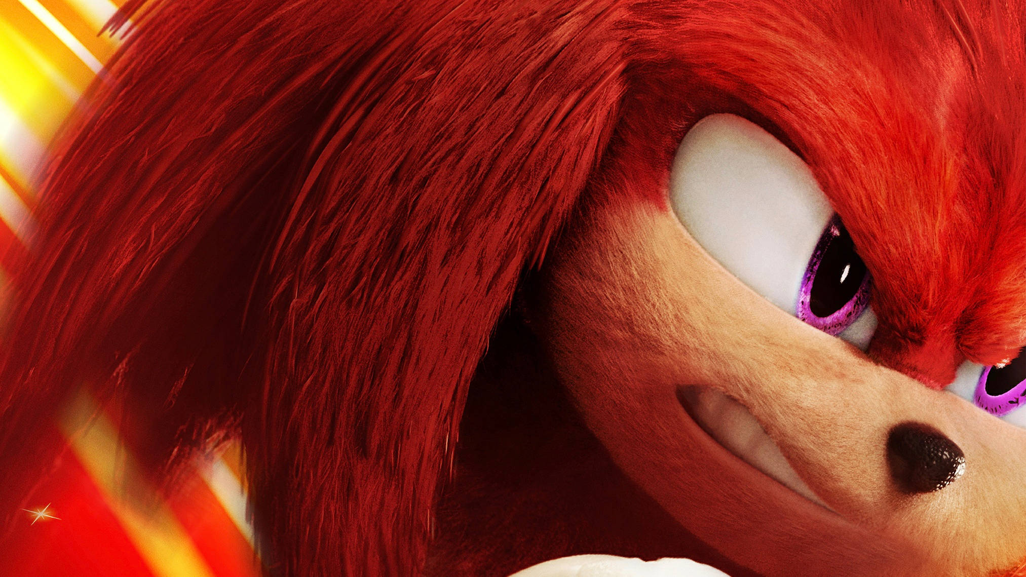 Knuckles 桌布 壁紙 — Knuckles the Echidna 的特寫，擁有強烈的紫色眼睛和火紅的刺，背景是發光的橙色。