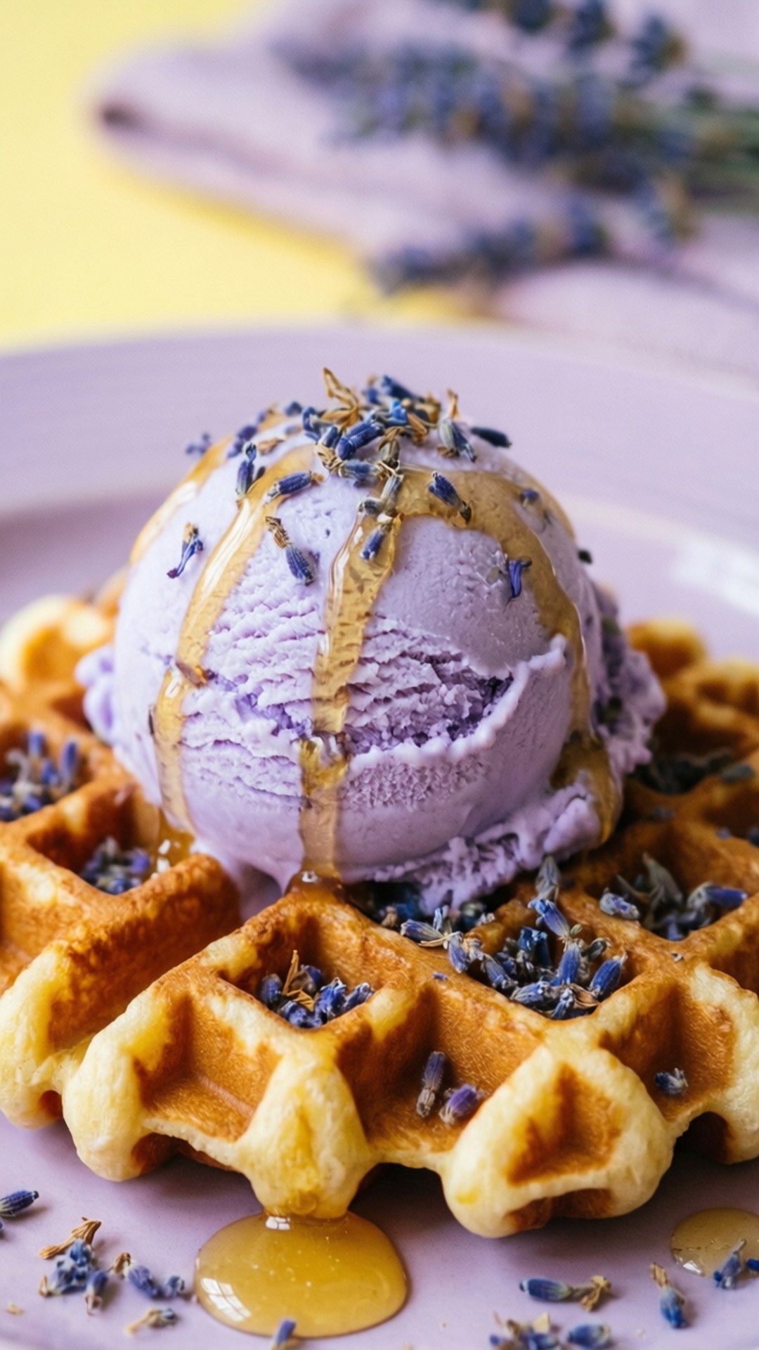 Lavender Honey Waffle 壁紙 — 金黃色鬆餅上淋上蜂蜜的薰衣草冰淇淋特寫，撒上新鮮薰衣草花蕾。