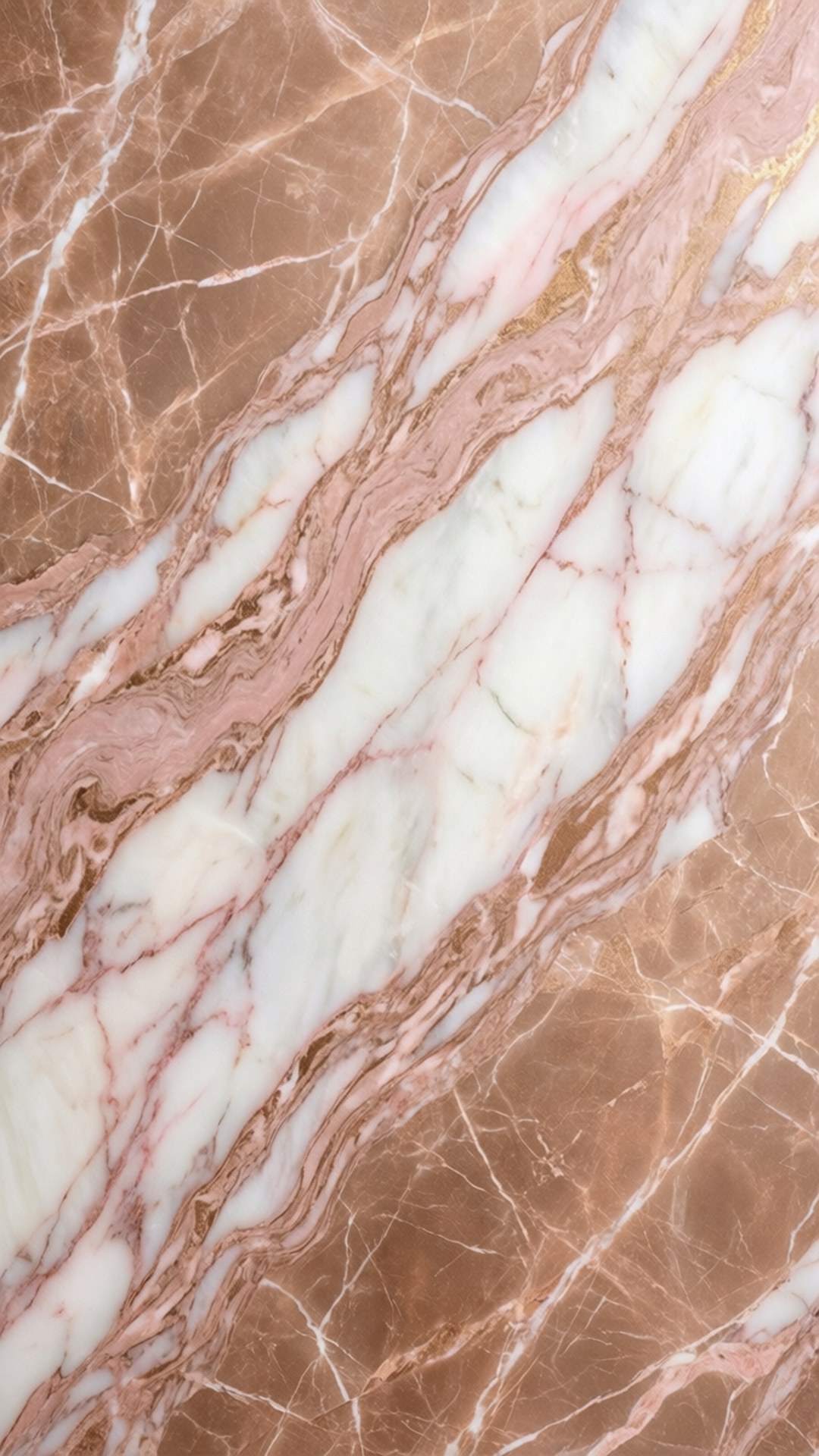 Rose Gold Marble 壁紙 — 玫瑰金和白色大理石的近距離特寫，帶有複雜的紋理和微妙的金色亮點。