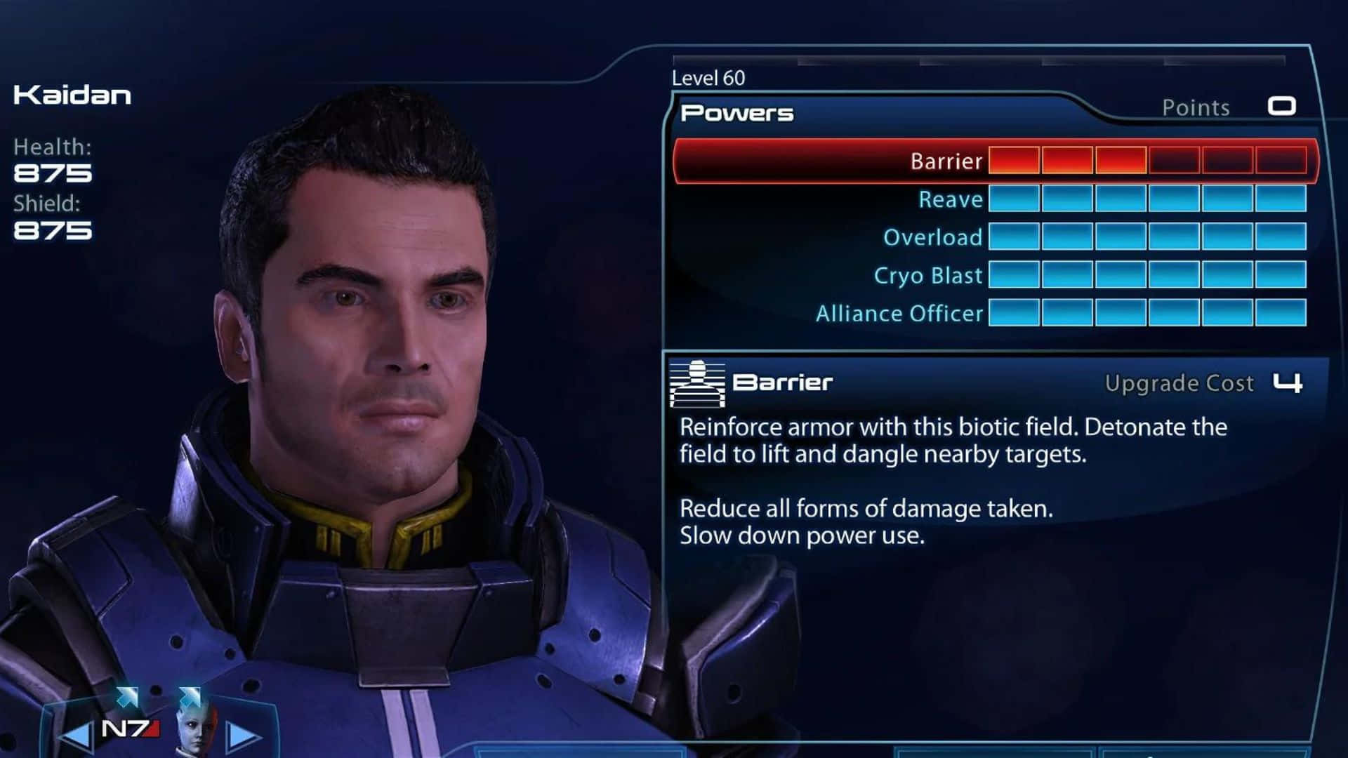 Kaidan Alenko 桌布 壁紙 — 男性角色身穿藍色盔甲的近距離特寫，遊戲介面在深色背景上顯示其60級能力選單。