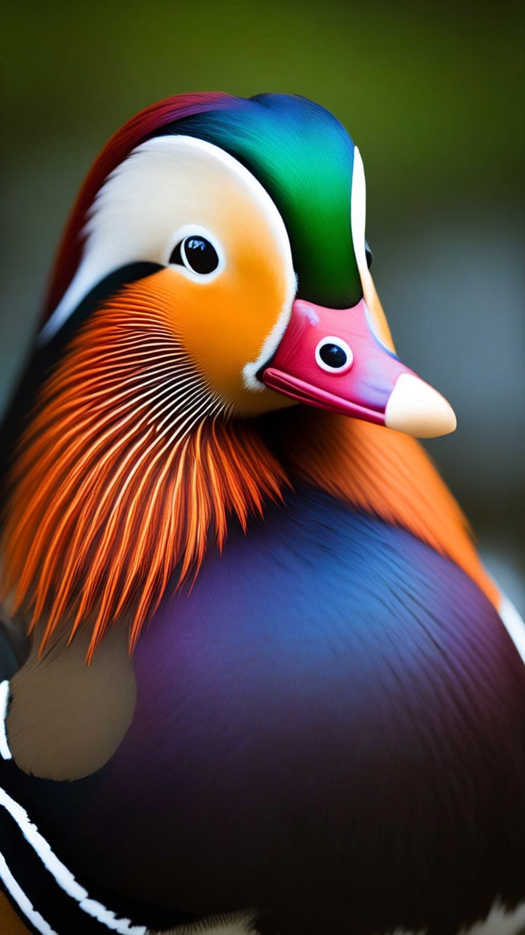Vibrant Mandarin Close-Up 壁紙 — 雄性鴛鴦的特寫，展現出鮮豔的彩虹色羽毛，包括綠色、橙色、藍色和白色，背景柔和模糊。