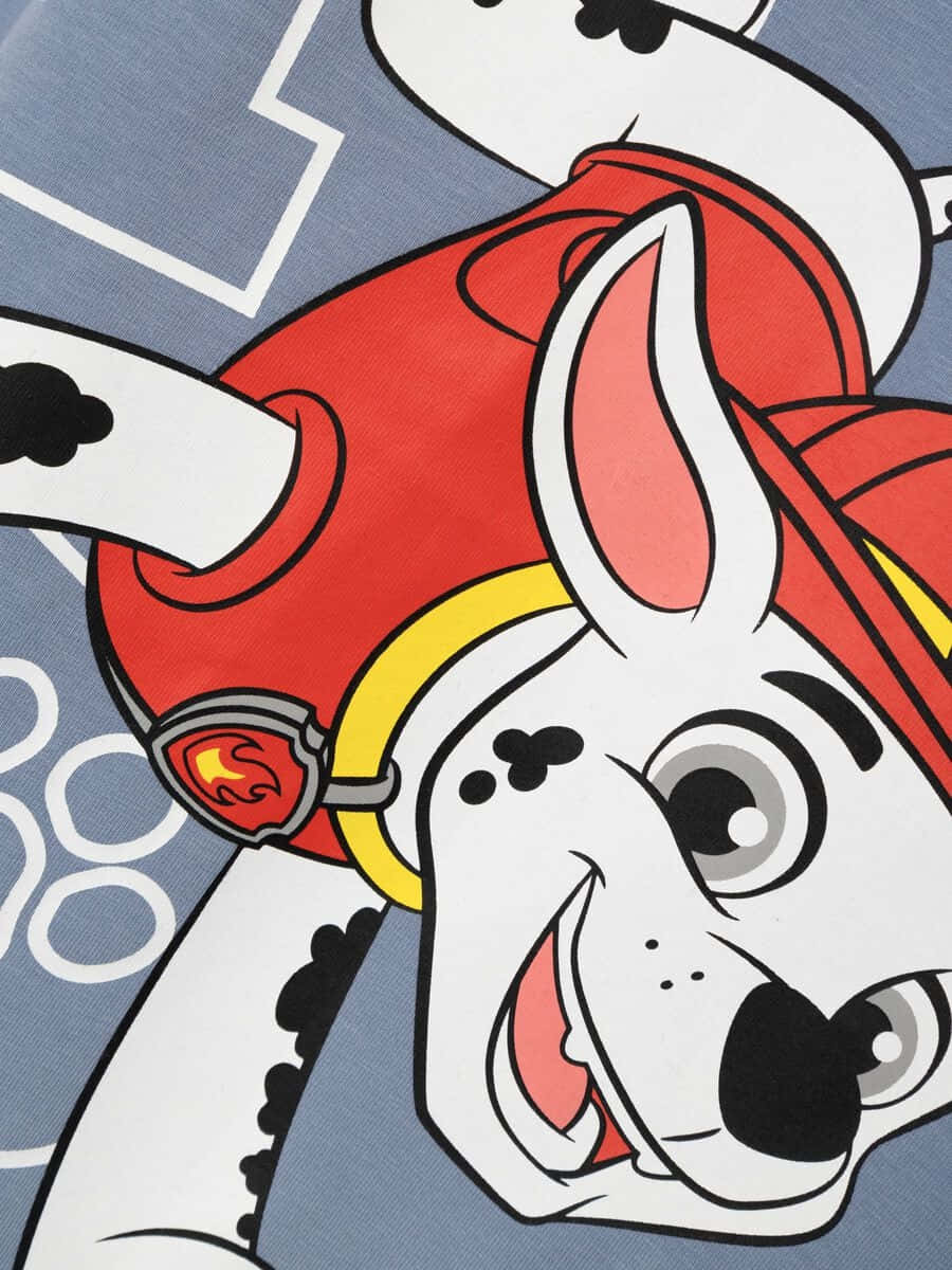  壁紙 — Marshall 從 Paw Patrol 微笑的特寫，身穿紅色消防員裝備，背景為帶有白色圖案的藍色。