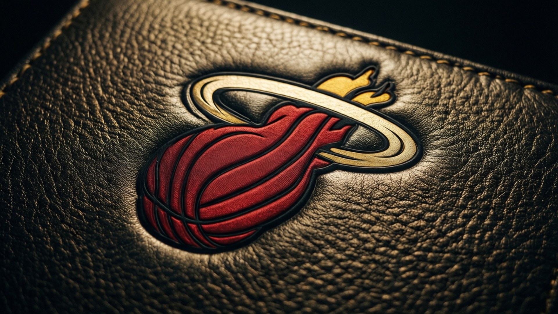 Leather Embossed Logo 壁紙 — 邁阿密熱火標誌的特寫，以紅色和金色刺繡在質感深棕色皮革上，縫線可見。