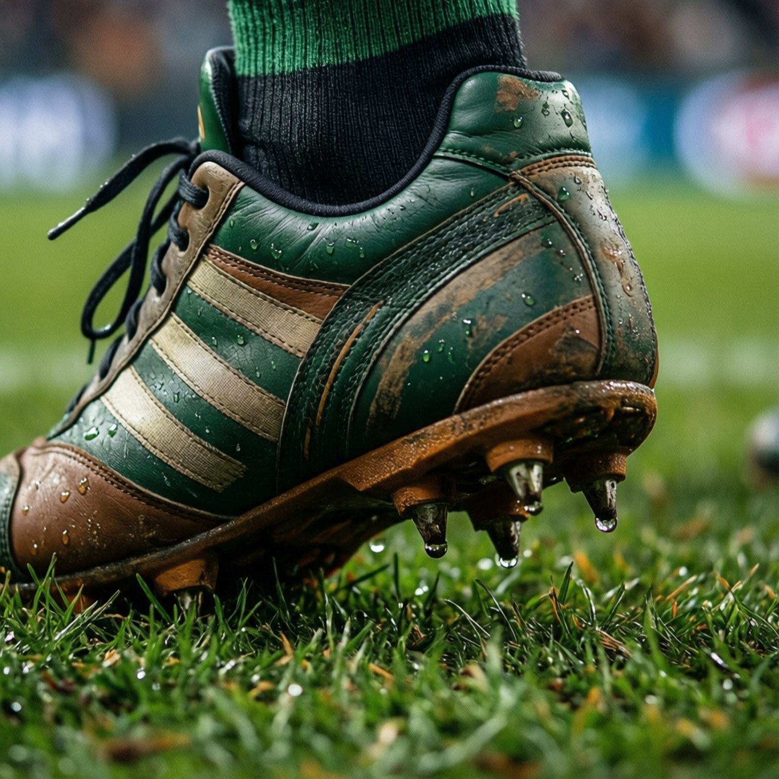 Boots on Grass 壁紙 — 雨後比賽中，草地上沾滿泥濘的綠色和棕色足球鞋特寫，帶有水珠。