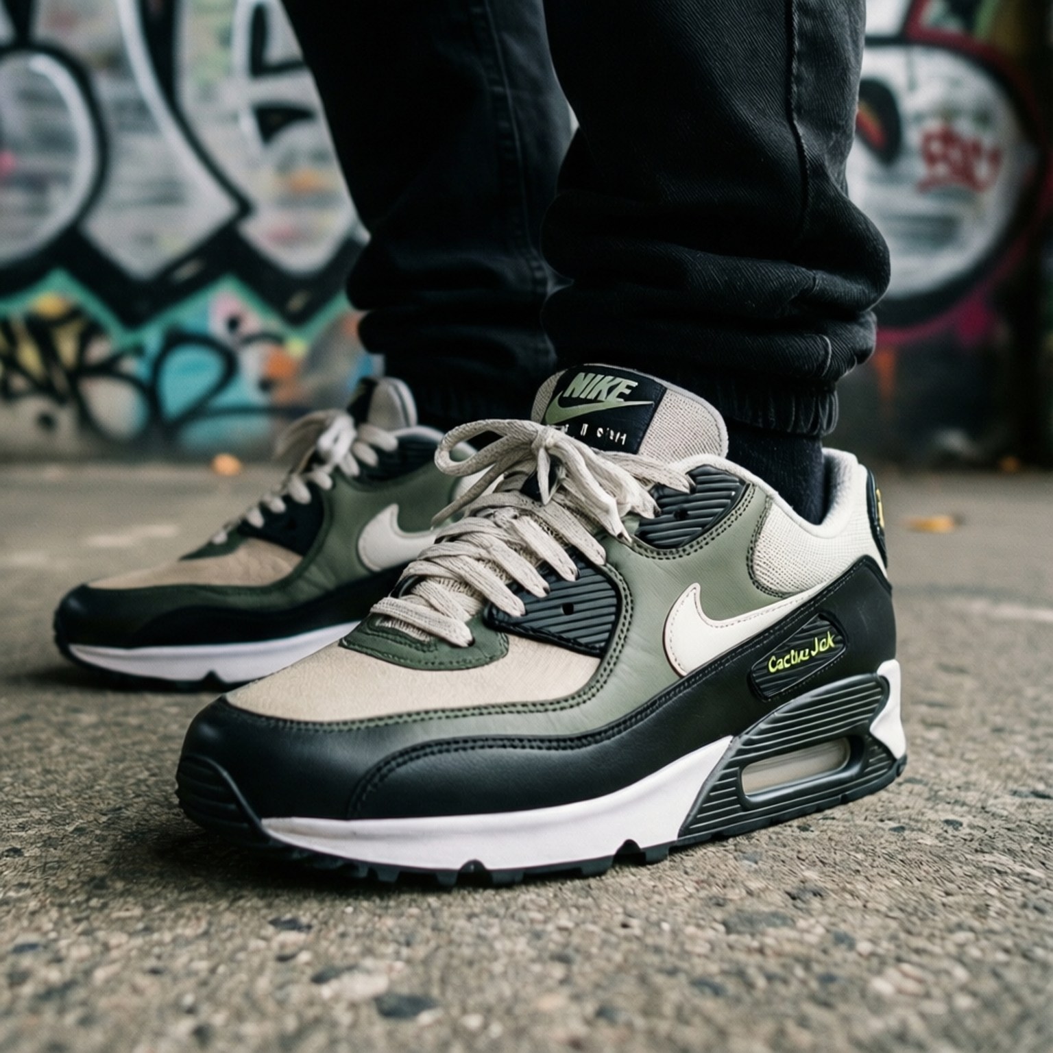 Cactus Jack Kicks 壁紙 — 橄欖綠、黑色和米色Nike Air Max 90運動鞋特寫，帶有'Cactus Jack'品牌標誌，站在碎石人行道上，背景是塗鴉牆。