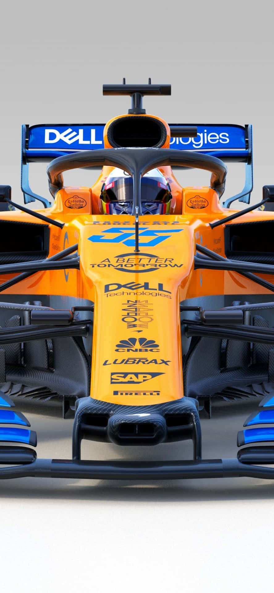 橙色和藍色一級方程式賽車，帶有車手和贊助商標誌。 — F1 壁紙