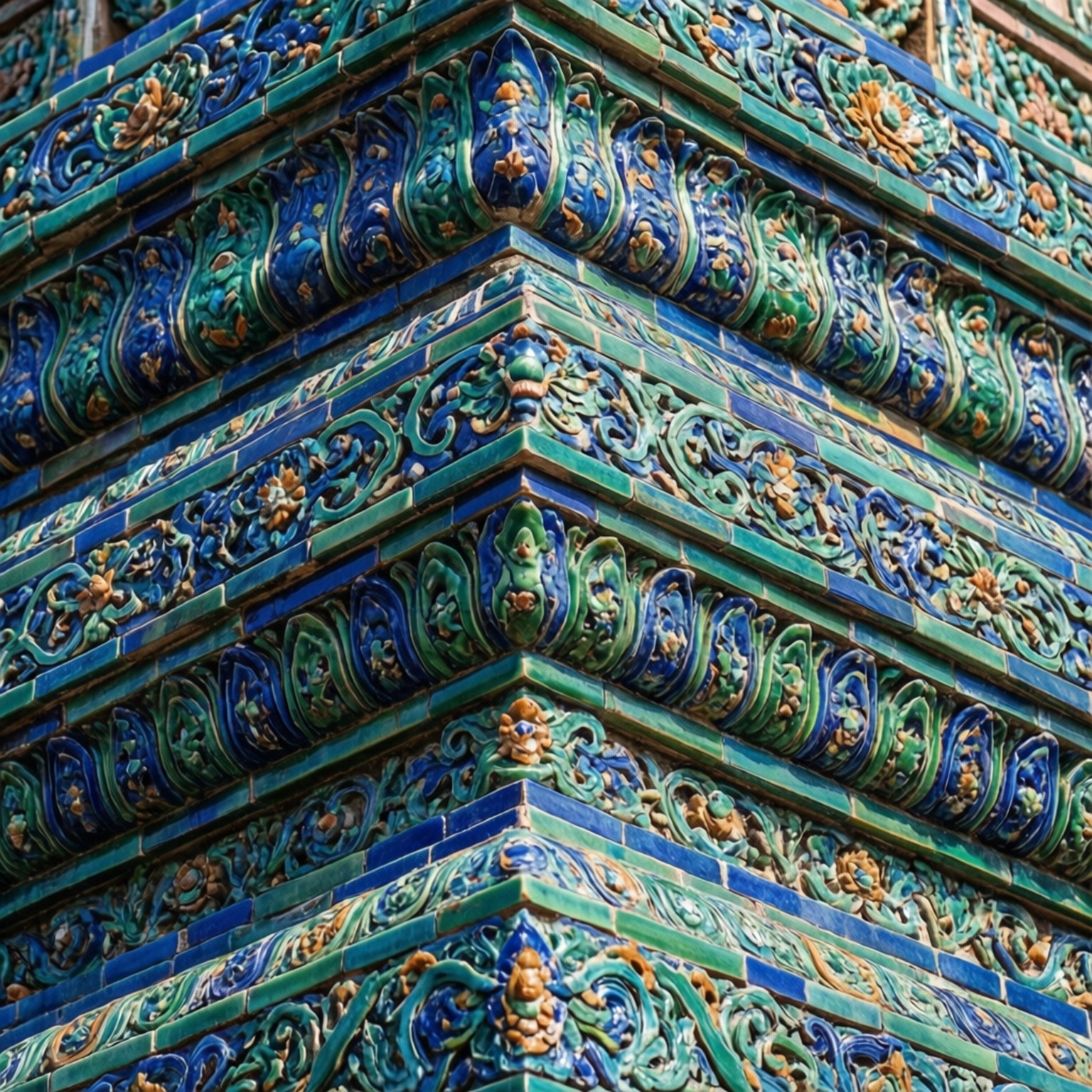 Porcelain Tower Tiles 壁紙 — 寺廟角落近距離拍攝華麗的藍綠色和金色釉面陶瓷瓷磚，形成複雜的花卉和卷草圖案。