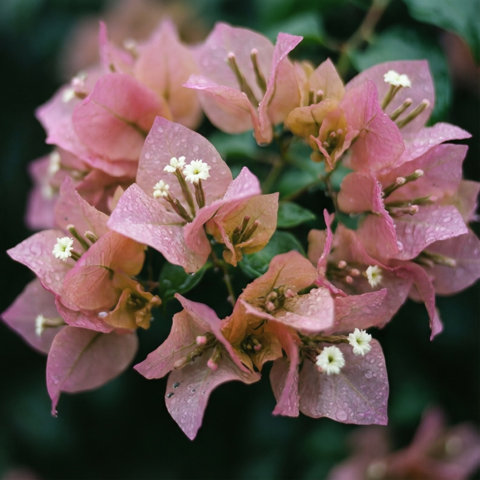 Rain-Kissed Petals 壁紙 — 粉紅色九重葛花的特寫，帶有露珠和細小的白色花心，襯托深綠色葉子。