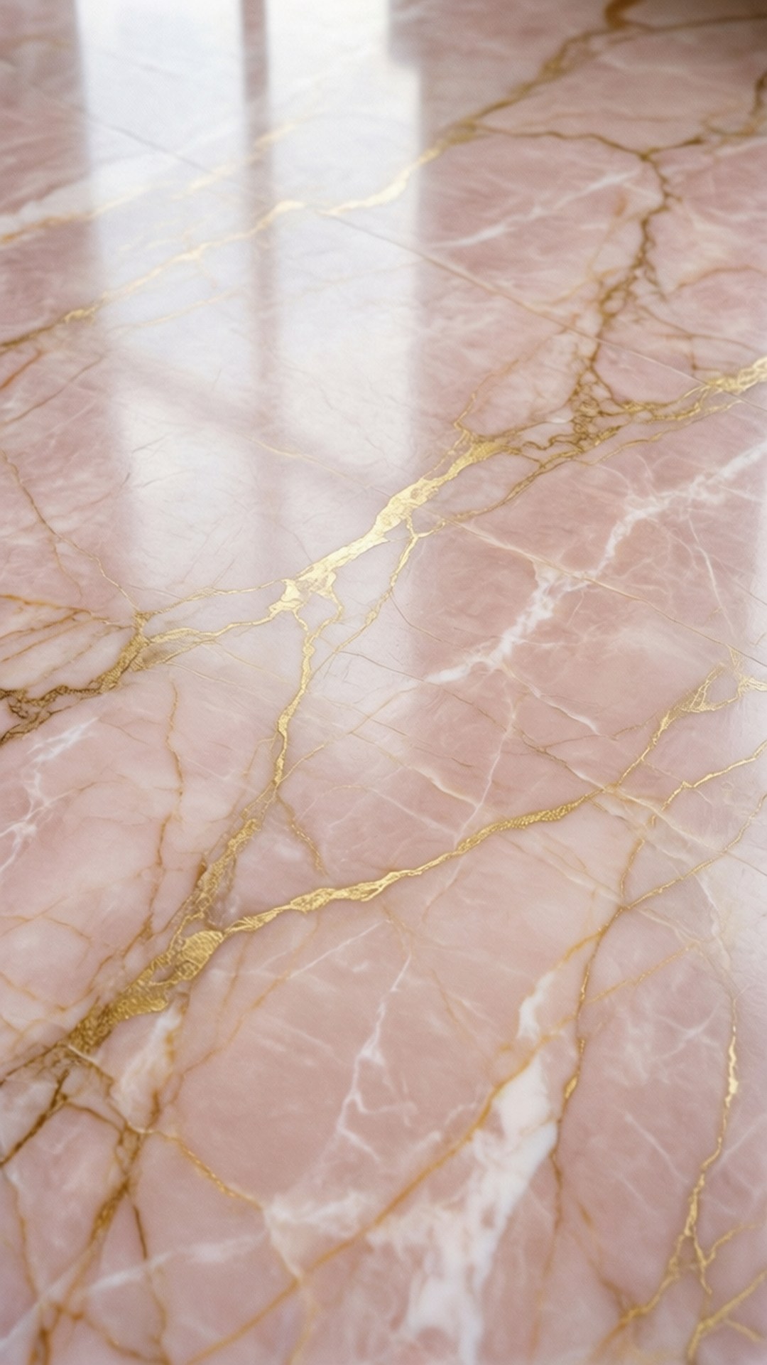 Pink Marble Luxe 壁紙 — 粉紅色大理石地板特寫，帶有金色紋理，反射柔和環境光。