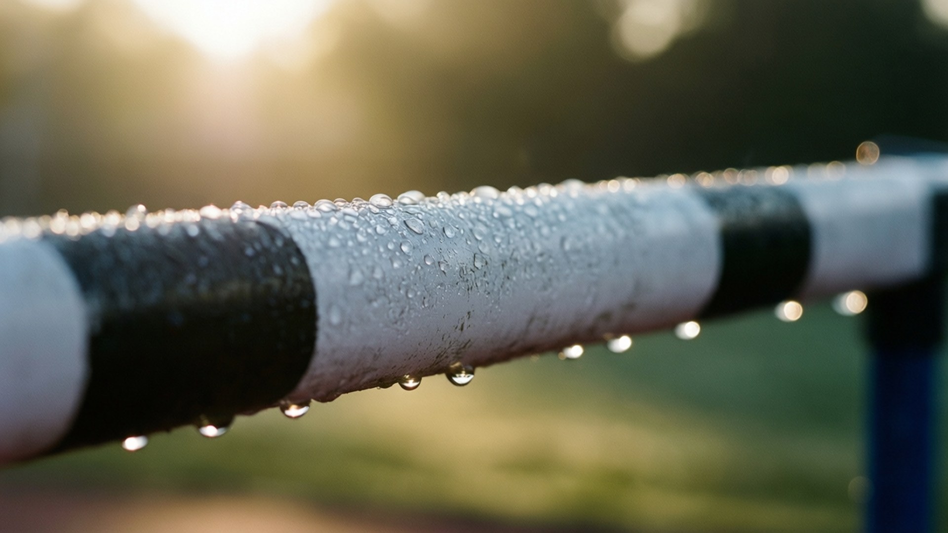 雨滴落在黑白相間的跨欄上，背景陽光普照。