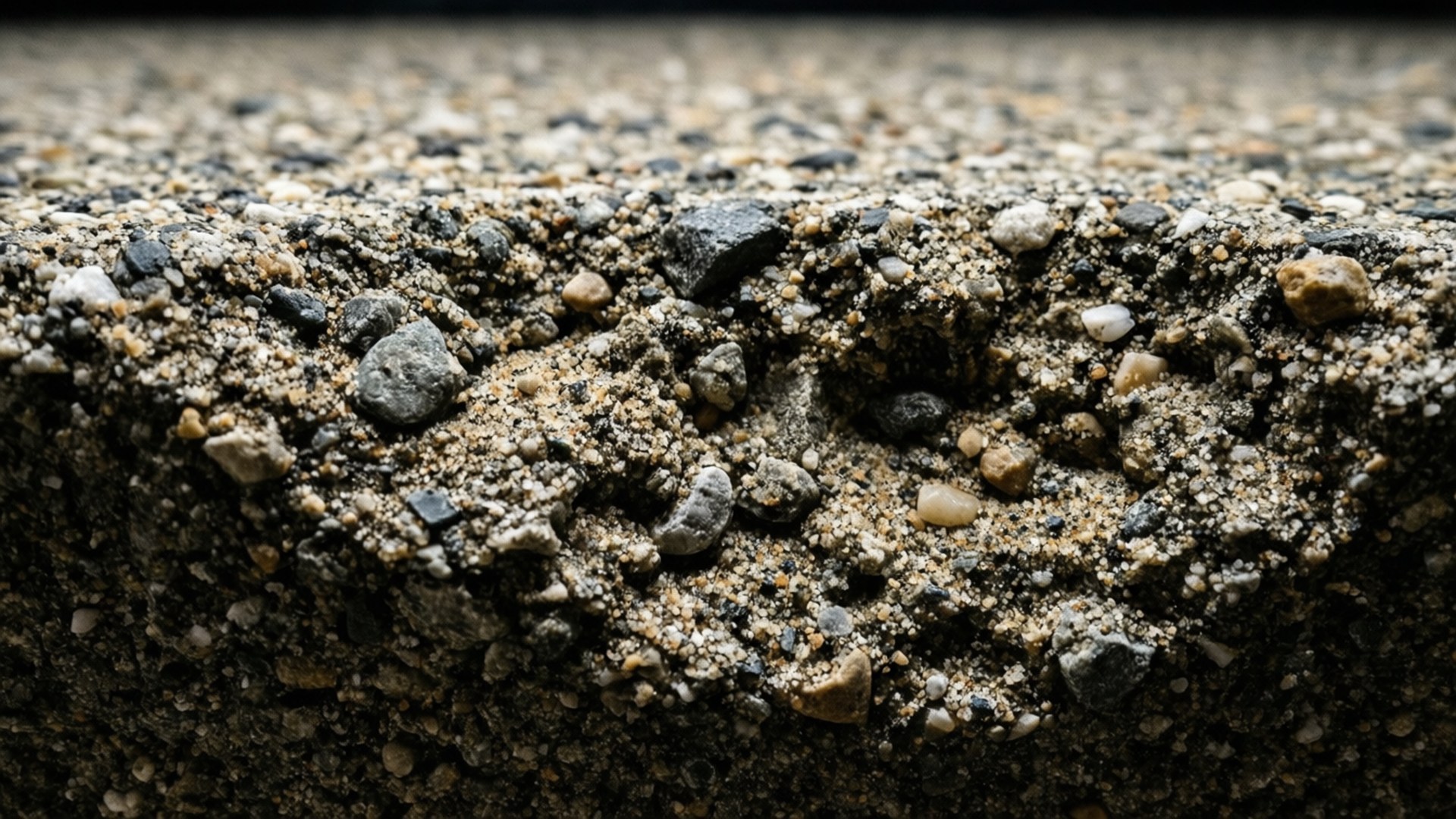 Rough Aggregate Concrete 壁紙 — 戲劇性燈光下，粗糙紋理混凝土邊緣的特寫，內嵌鵝卵石和沙子。