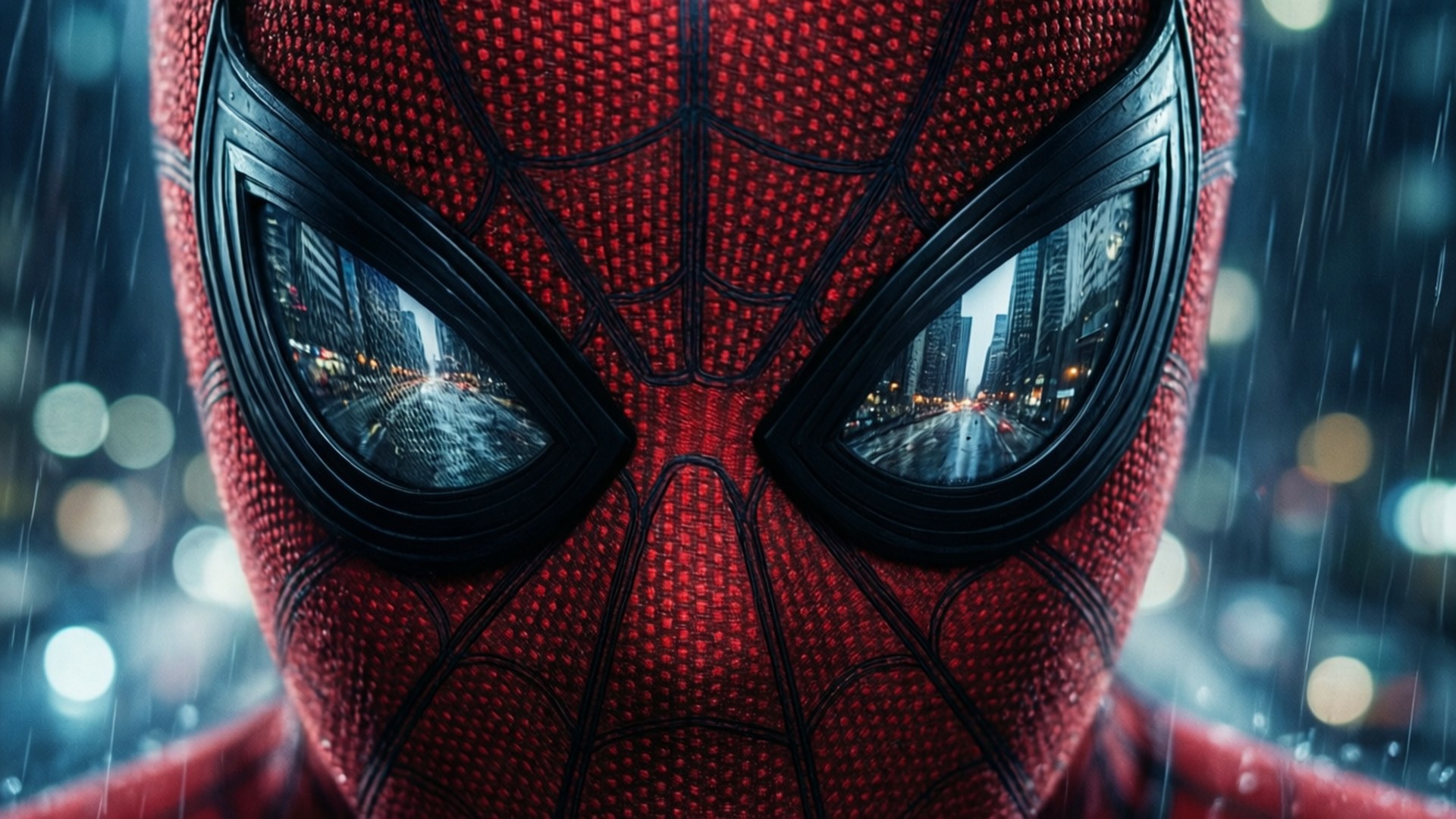 Marvel's Spider-Man 桌布 壁紙 — 蜘蛛人面具的特寫，反射出雨中的城市景觀，帶有發光的燈光和濕漉漉的街道。