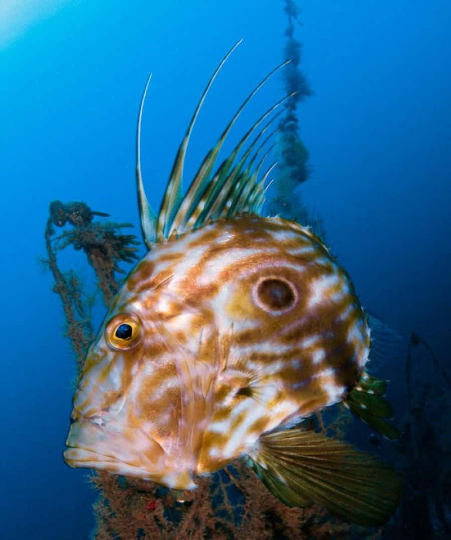  壁紙 — 一條帶刺的橙色和白色魚的特寫，有突出的眼睛，在深藍色水中靠近珊瑚覆蓋的殘骸游泳。