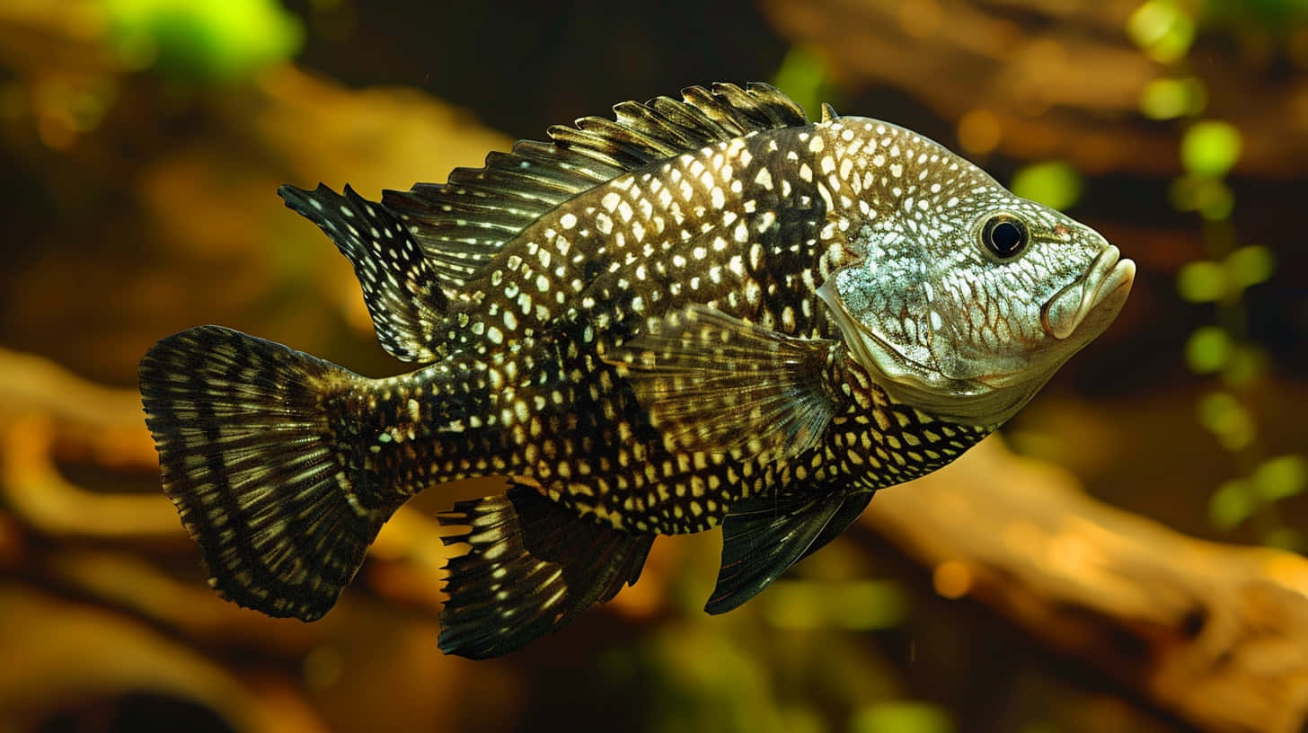  壁紙 — 一條黑白斑點魚在陽光照射的水族箱中優雅地游動，背景有模糊的木質裝飾的特寫。