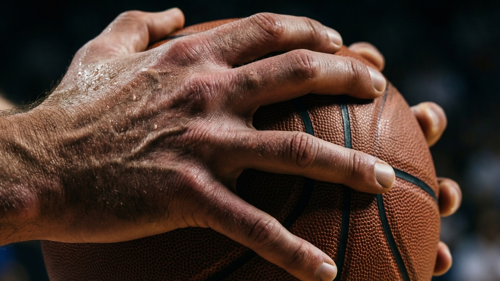 Grip and Focus 壁紙 — 運動員汗濕的手緊握有紋理的籃球，專注力極強的特寫。