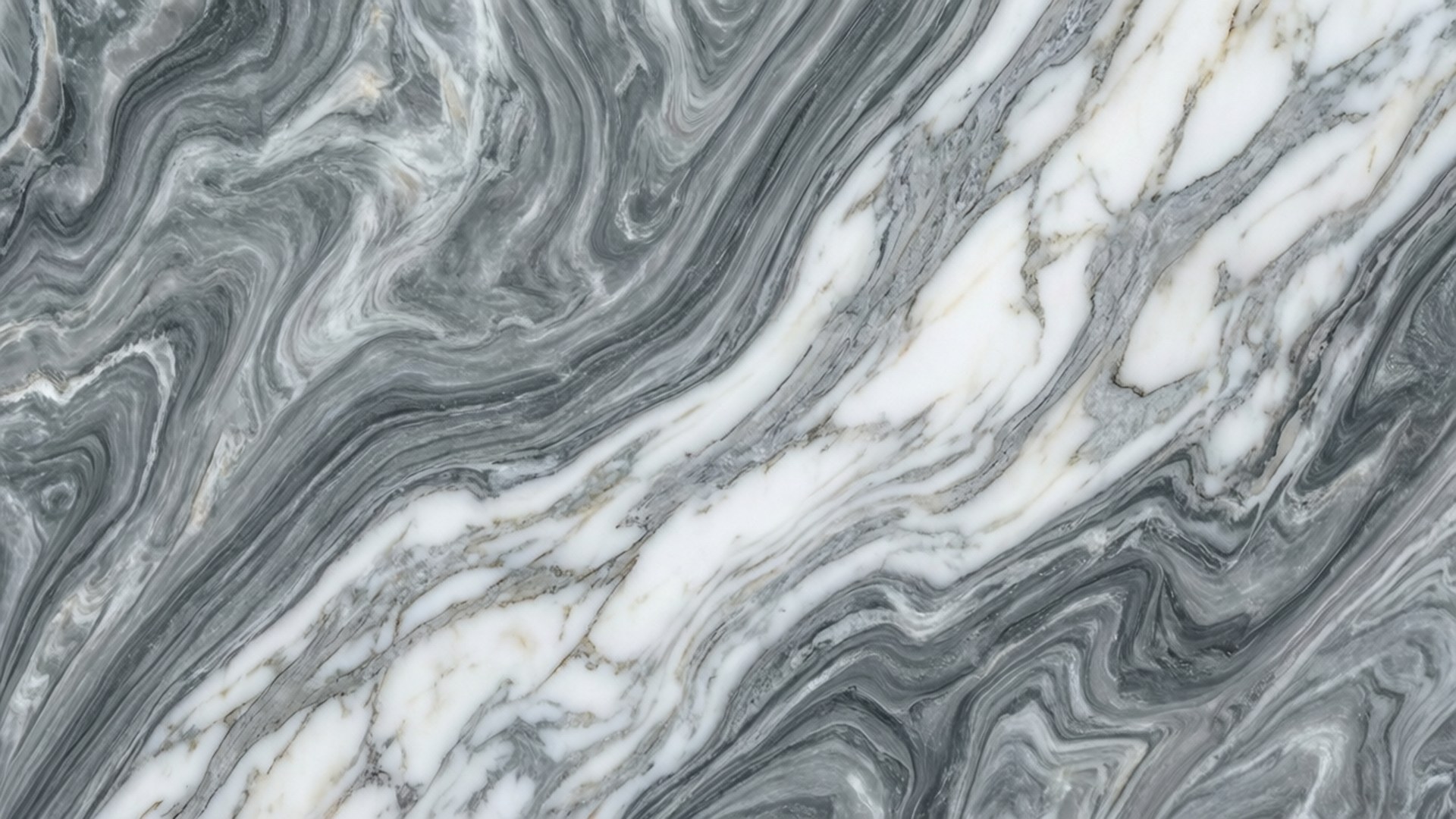 Grey Marble Texture 壁紙 — 灰色和白色漩渦大理石的近距離特寫，帶有微妙的金色紋理沿對角線流過表面。
