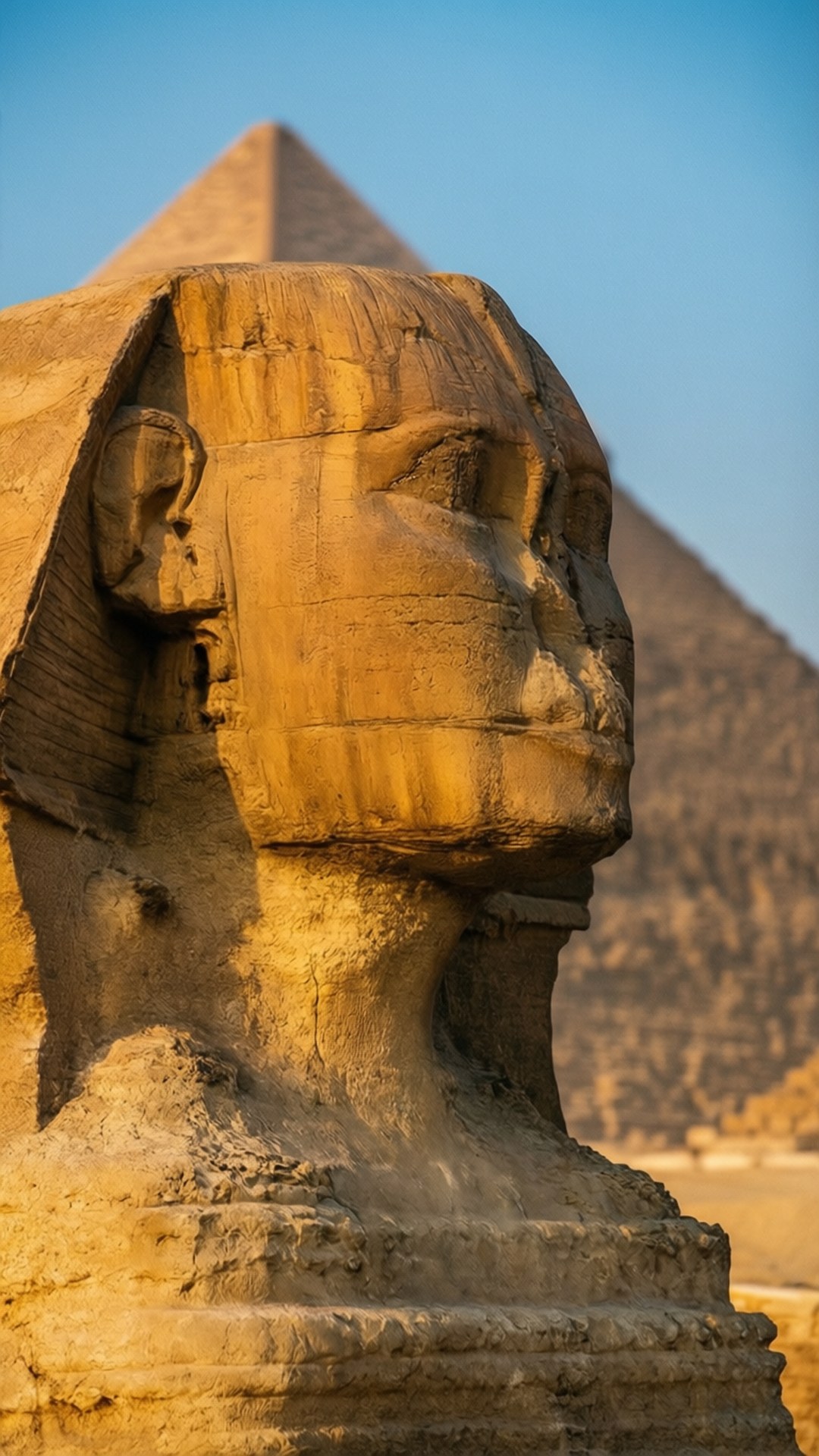 Sphinx and Pyramids 壁紙 — 吉薩大獅身人面像的特寫，沐浴在金色陽光下，背後金字塔聳立，藍天白雲。