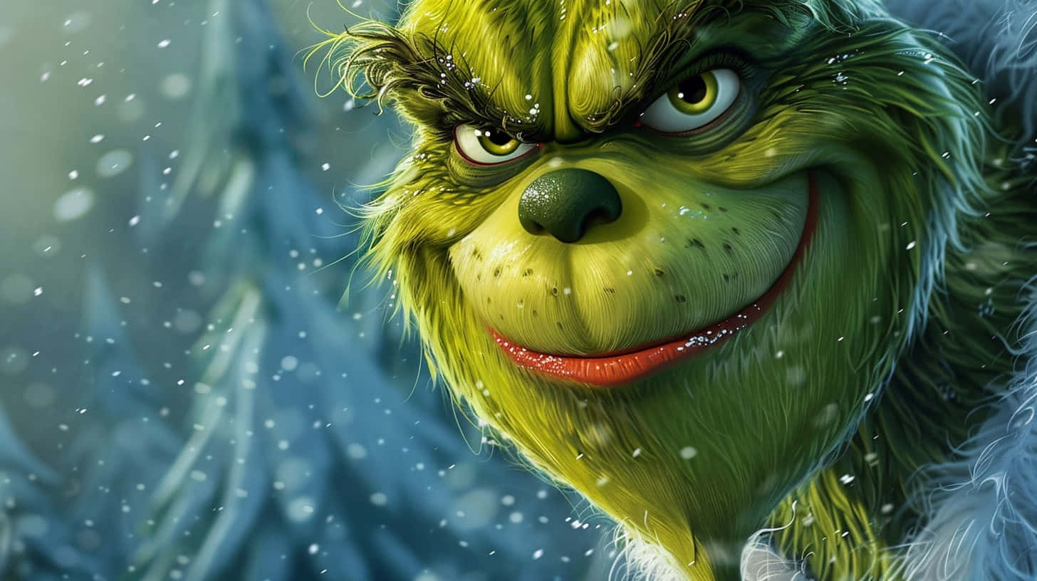  壁紙 — 聖誕怪傑的近距離特寫，在飄落的雪花中露出頑皮的笑容，背景是模糊的冬季森林。