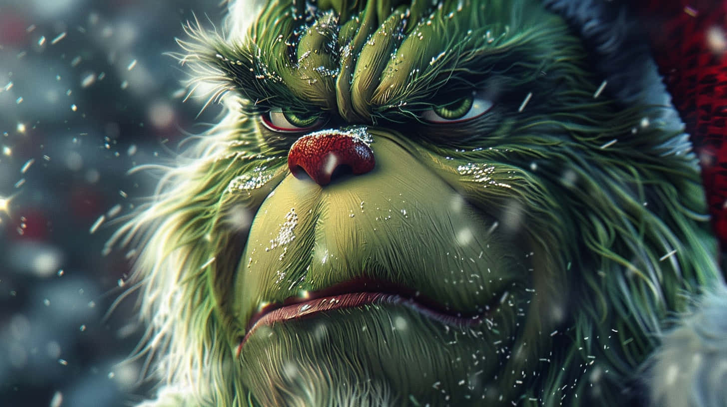  壁紙 — 聖誕怪傑 Grinch 的綠色暴躁面孔特寫，覆蓋著雪花，背景是雪景。
