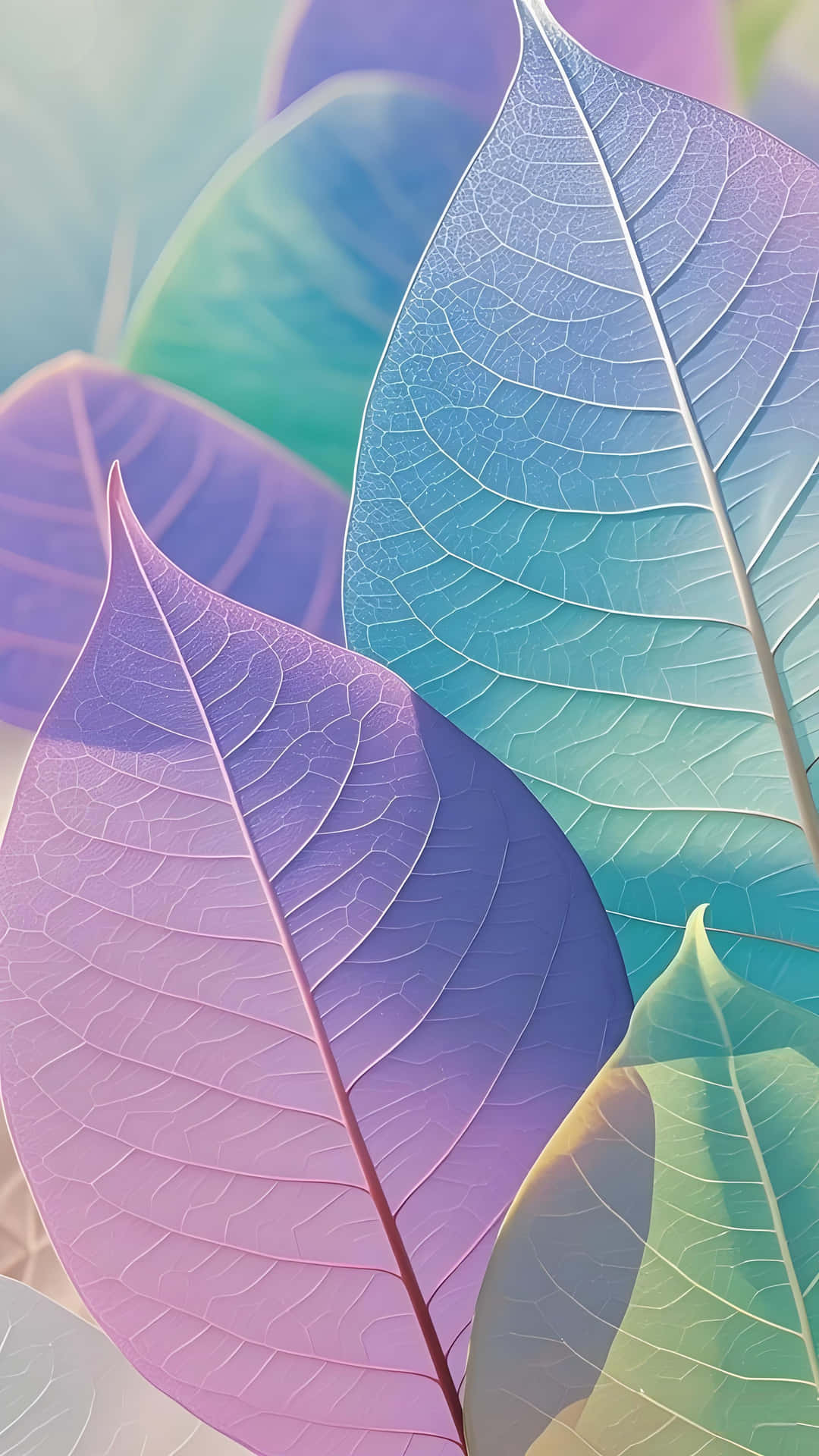 半透明葉片，紫藍綠漸變，葉脈可見 — Pastel 壁紙